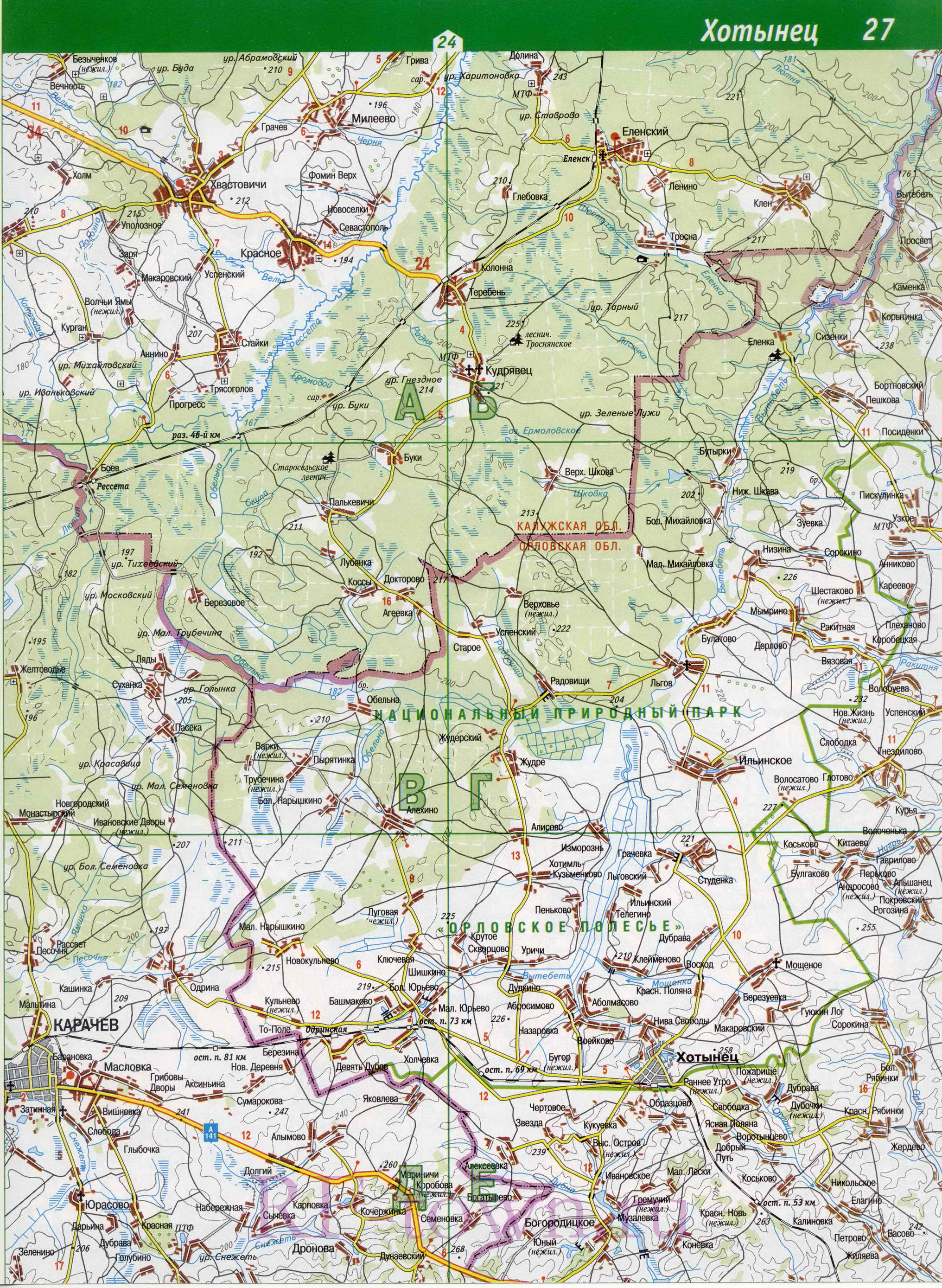 Карта Хвастовичского района Калужской области. Подробная карта - Хвастовичский район, B0 - 