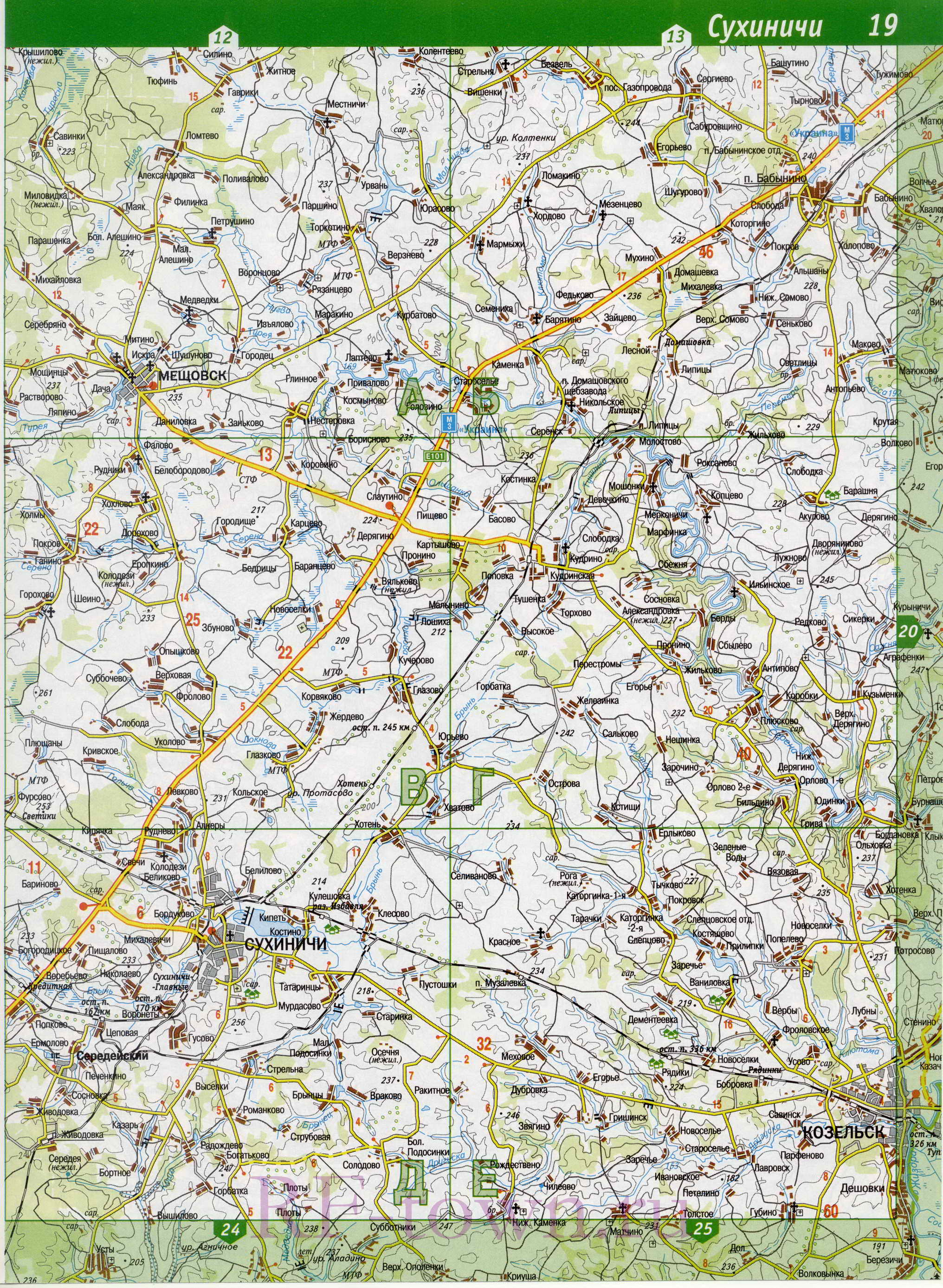Карта Сухиничского района Калужской области. Подробная карта - Сухиничский район, B0 - 